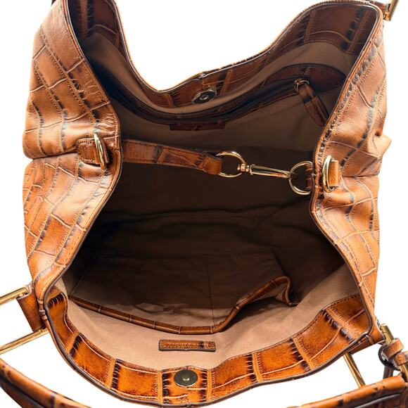 G.I.L.I. Genuine Leather Croc Embossed Satchel Tote Bag Cognac Brown - Picture 10 of 16